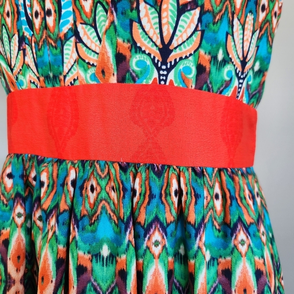 Eliza J Pleated Smocked Orange and Green Resort Maxi Dress - Picture 5 of 13